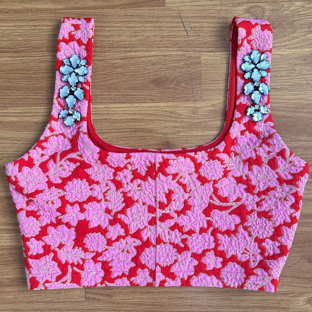 Zara red and pink printed crop top, size small.